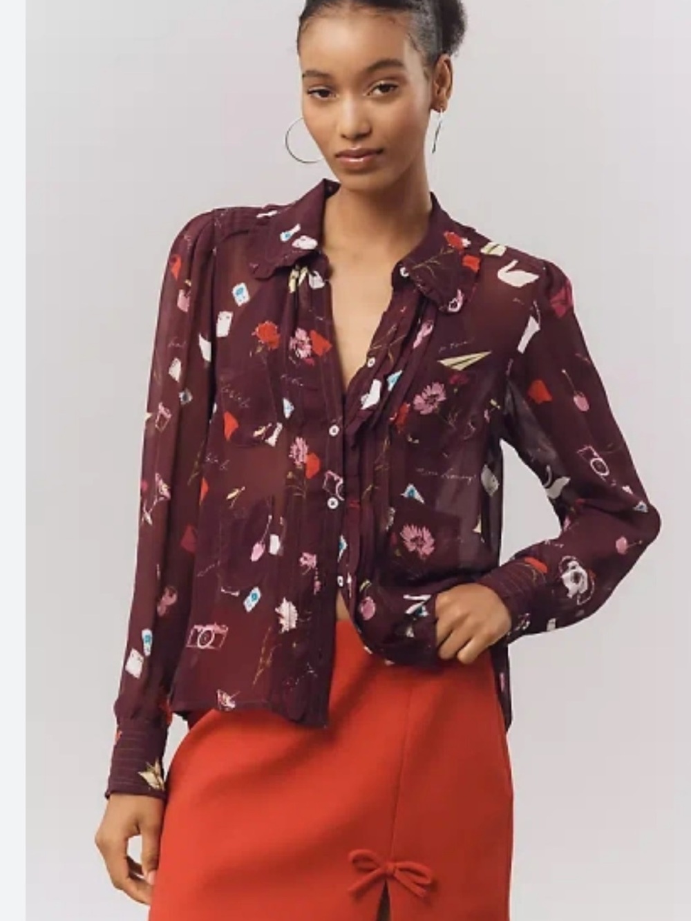 NWT Anthropologie Maeve Burgundy Sheer Chiffon Button-Down with Multi Print